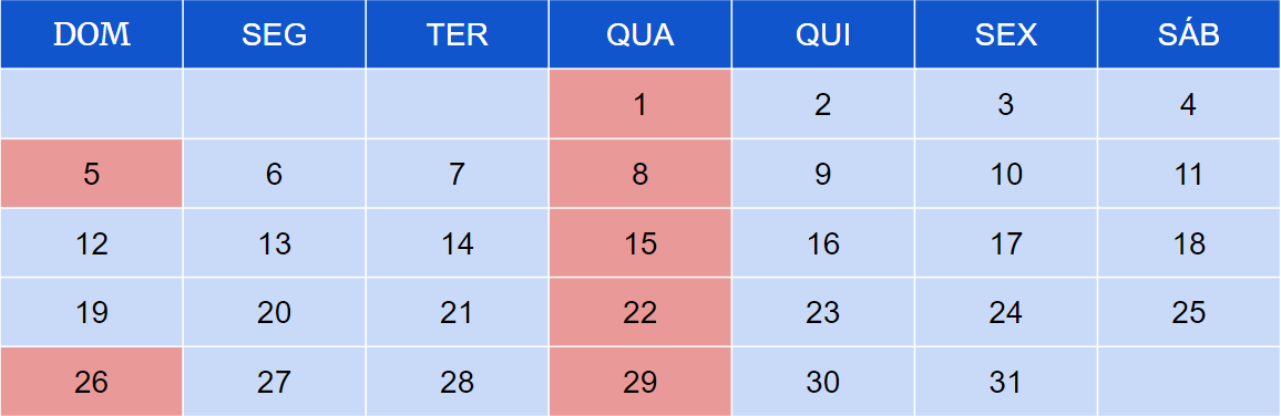 calendario folga fixa quarta